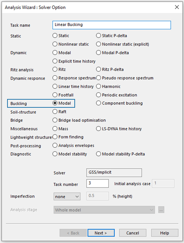 image of analysis wizard window with buckling menu commands