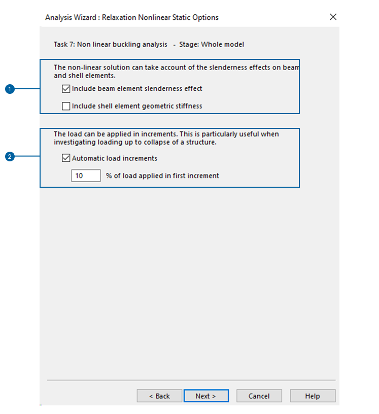 image showing analysis wizard relaxation nonlinear static options window