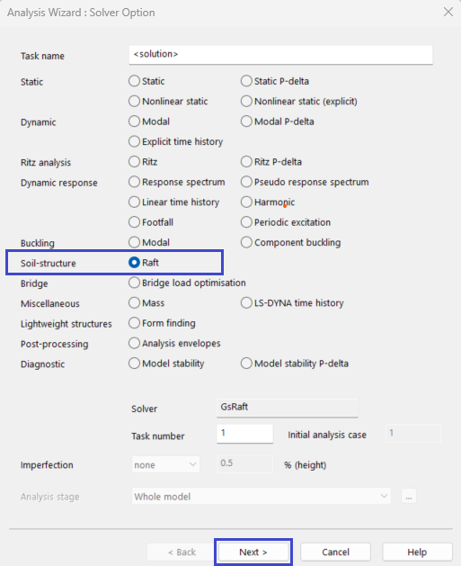 Analysis wizard solver option with raft selected.