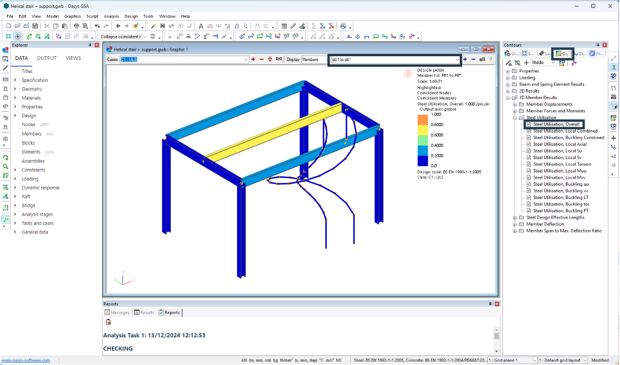 Annotated steel design results with contour settings highlighted.