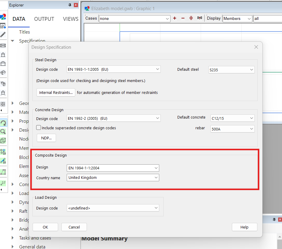 image of Design specification dialog window with composite design code highlighted.