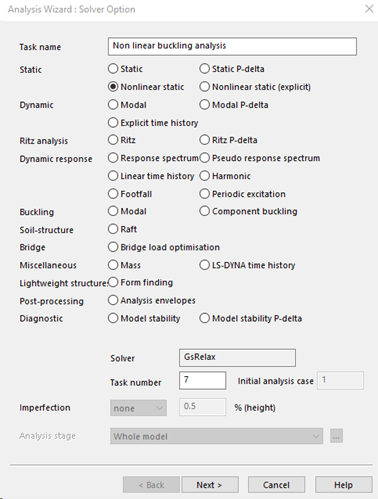 image showing analysis wizard solver option window with nonlinear static analysis selected