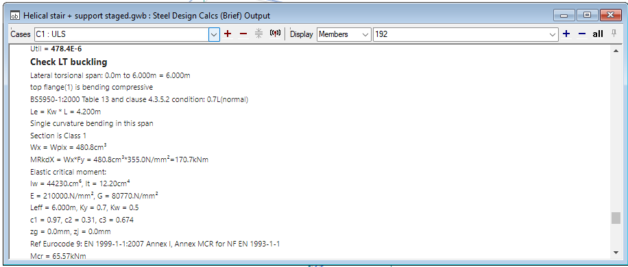 Table output of steel design calculations.